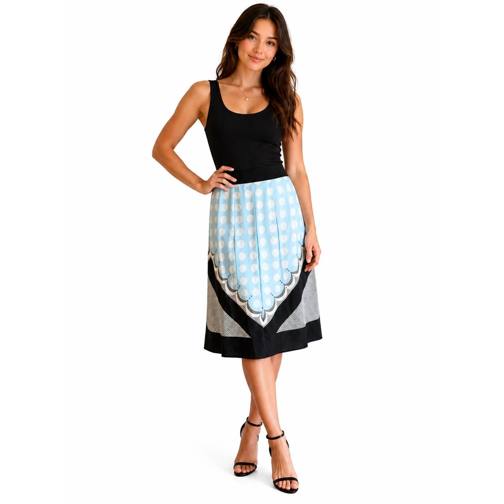 Etcetera Silk Midi Pleated Skirt Blue Black Polka Dot Scarf Print Size 8‎